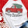 Red Merry Christmas Truck Graphic Print Color Block Top