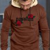 Brown Letter Rose Print Color Block Pocket Men's Hoodie