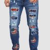 Sky Blue Flag Sunflower Print Leopard Patches Mens Distressed Jeans