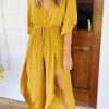 Yellow Surplice V Neck Half Sleeves Slit Leg Jumpsuit