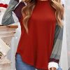 Color Block Long Sleeves Burgundy Pullover Top