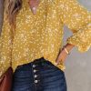 Yellow Split Neck Fall Printed Crinkled Blouse