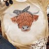 Khaki Western Cow Head Leopard Print Crewneck T Shirt