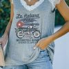 Gray Casual Letter Print MOTORCYCLE Print Lace Contrast Cap Sleeve Graphic Tee