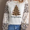 Beige Leopard Color Block Sleeve Christmas Tree Print Top