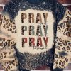 Black PRAY Letter Leopard Bleached Color Block Sweatshirt