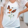 White Butterfly Floral Print Mesh Striped Sleeve Tee