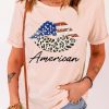 Pink American Leopard Flag Lip Print Short Sleeve T Shirt