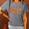 Gray Hey There PUMPKIN Letter Print Crew Neck T-Shirts