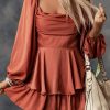 Red Square Neck Bubble Sleeves Layered Romper