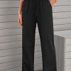 Black Drawstring Elastic Waist Pockets Long Straight Legs Pants