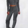 Gray Ribbed Knit Cropped Hoodie And Jogger Two Piece Set