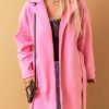 Pink Solid Color Buttoned Coat With Tie