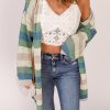 Green Striped Color Block Hollowed Knit Cardigan