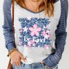 Blue Cherry Blossom Letter Leopard Print V Neck Top