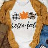 White Hello Fall Mapel Leaves Graphic Short Sleeve Tee