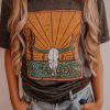 Gray Western Steer Skull Graphic Print Crew Neck T Shirt