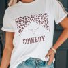 White COWEOY Leopard Graphic Print Crew Neck T Shirt