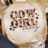 Khaki COWGIRL Cow Leopard Print Short Sleeve T Shirt