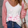 Pink Cherry Blossom Print Mesh Splicing Long Sleeve Top