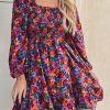 Purple Floral Puff Sleeve Smocked Dress