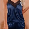 Blue Lace V Neck Imitated Silk Pajamas Set