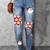 Sky Blue Christmas Santa Clause Pattern Distressed Jeans