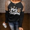 Black Merry Christmas Graphic Print Sequin Splicing Top