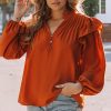 Orange Ruffled Pleated Buttoned V Neck Blouse