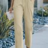 Khaki Drawstring Elastic Waist Pockets Long Straight Legs Pants