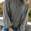 Gray Washed Snap Buttons Lantern Sleeve Pullover Sweatshirt