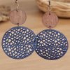 Blue Hollow Out Wooden Round Drop Earrings