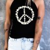 Black Daisy Peace Symbol Print Graphic Tank Top