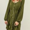 Green Button Up High Waist Long Sleeve Dress