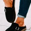 Black Faux Suede Buckle Detail Flat Mule Slippers