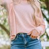 Pink Waffle Knit Eyelet Long Sleeve Blouse