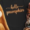 Black Hello Pumpkin Glitter Pattern Print Crewneck Graphic Tee