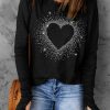 Black Rhinestone Heart Shape Print Long Sleeve Top