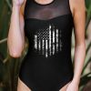 Black American Flag Print Mesh Patchwork Sleeveless One-piece Swimsuit