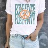 White Letter Daisy Peace Symbol Graphic Print Short Sleeve T Shirt