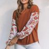 Orange Paisley Contrast Bubble Sleeve Ribbed Top