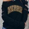 Black Slash Sleeves Leopard Letted Print Sweatshirt