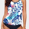 Blue Floral Print Criss Cross Hollow-out Tankini Swimwear