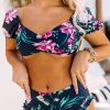 Blue Orchid Printed Bubble Sleeve Bikini 2pcs Swimsuit