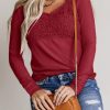 Red Lace Crochet V Neck Long Sleeve Top