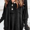 Black Waffle Knit Buttoned Long Sleeve Top