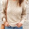 Beige Frilled Shoulder Detail Cable Knit Sweater