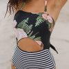 Black Hollow-out Backless Floral Striped Print One-piece Swimsuit