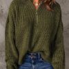 Green Zipped Turtleneck Drop Shoulder Knit Sweater