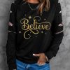 Black Believe Glitter Print Leopard Patchwork Pullover Sweatshirt